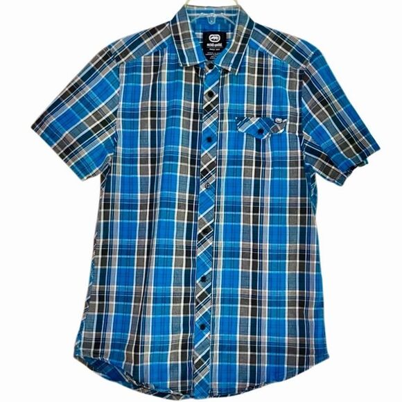 Ecko Unlimited Plaid Short Sleeve Shirt in Blue/Black/White Men’s M - Picture 2 of 5